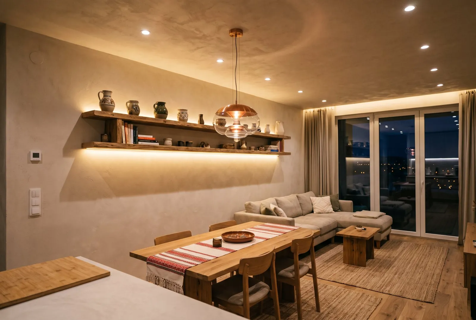 Világítás szerelése, LED-spotok Modern LED-világítás és mennyezeti spotlámpák egy felújított nappaliban